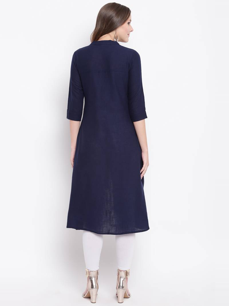 Navy Blue Gold Print Cotton Slub A-Line Kurta