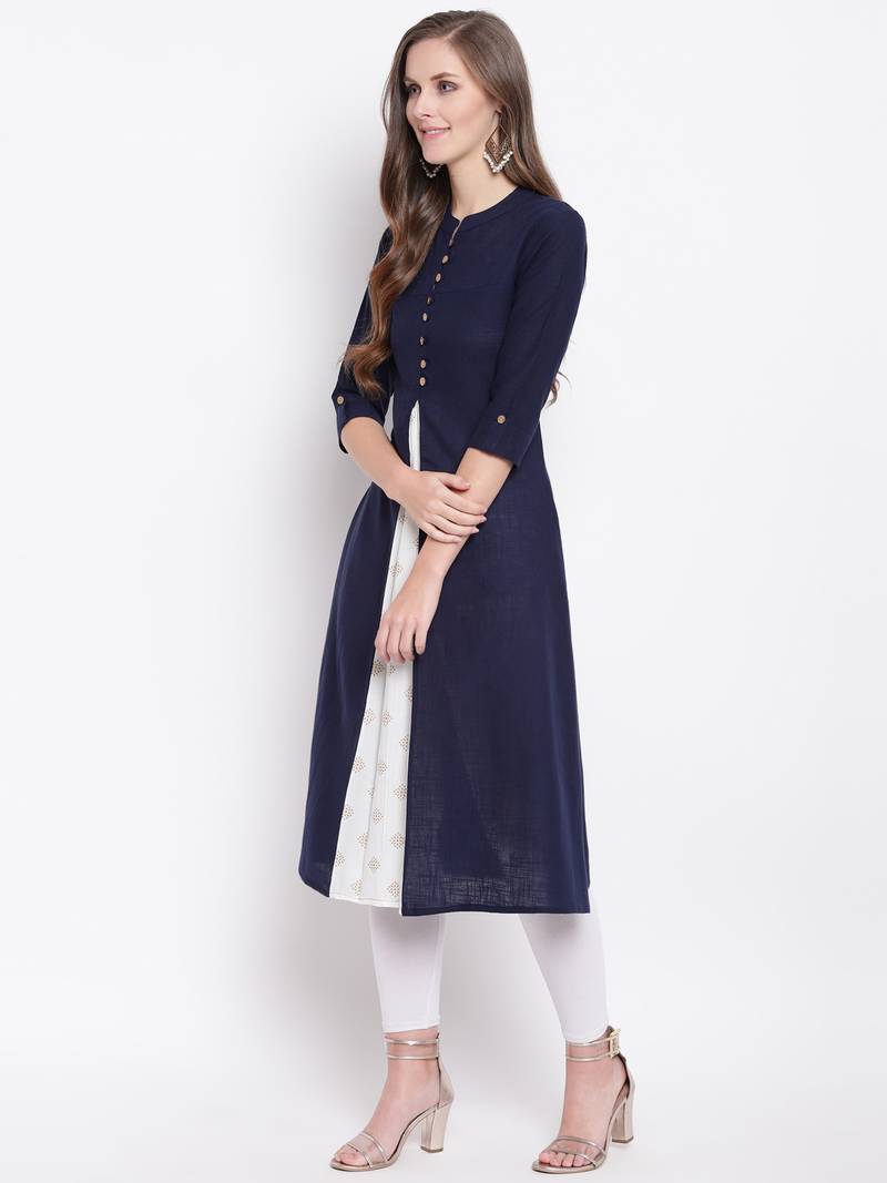 Navy Blue Gold Print Cotton Slub A-Line Kurta