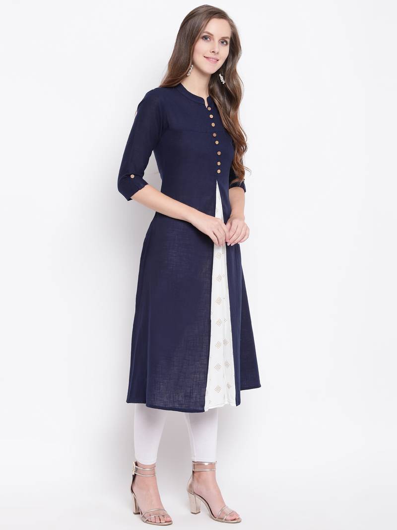 Navy Blue Gold Print Cotton Slub A-Line Kurta