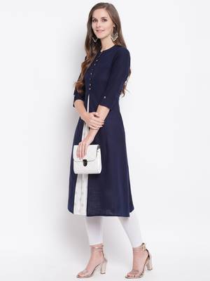 Navy Blue Gold Print Cotton Slub A-Line Kurta 5