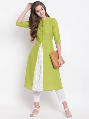 Green Gold Print Cotton Slub A-Line Kurta 1
