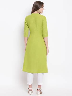 Green Gold Print Cotton Slub A-Line Kurta 2
