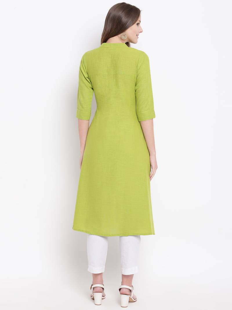 Green Gold Print Cotton Slub A-Line Kurta