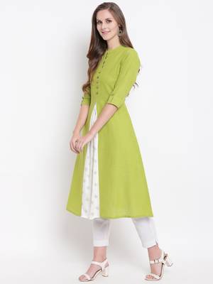 Green Gold Print Cotton Slub A-Line Kurta 3