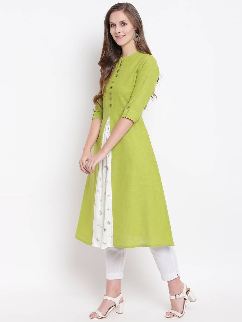 Green Gold Print Cotton Slub A-Line Kurta