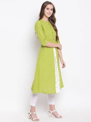 Green Gold Print Cotton Slub A-Line Kurta 4