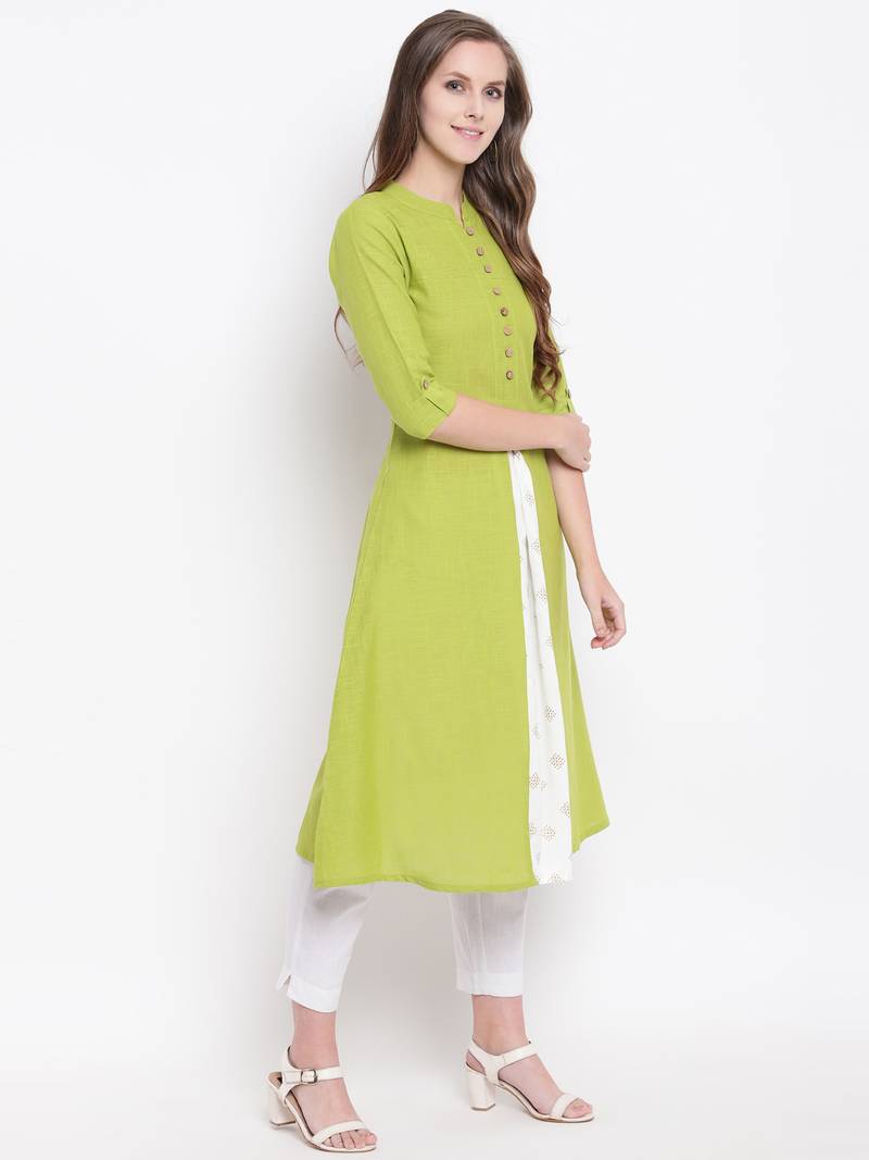 Green Gold Print Cotton Slub A-Line Kurta