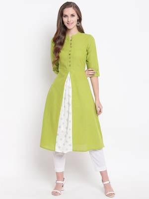 Green Gold Print Cotton Slub A-Line Kurta 5