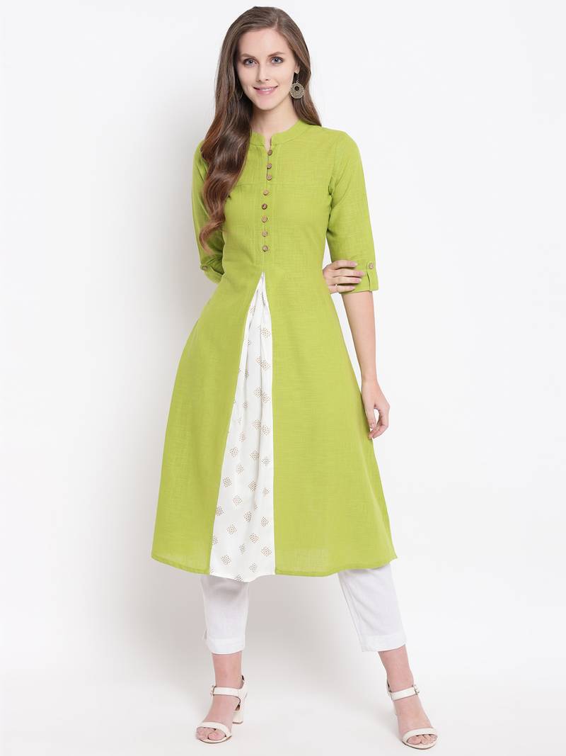 Green Gold Print Cotton Slub A-Line Kurta