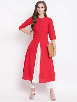 Red Gold Print Cotton Slub A-Line Kurta 1