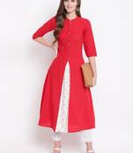 Red Gold Print Cotton Slub A-Line Kurta