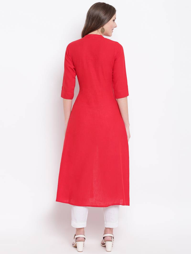 Red Gold Print Cotton Slub A-Line Kurta