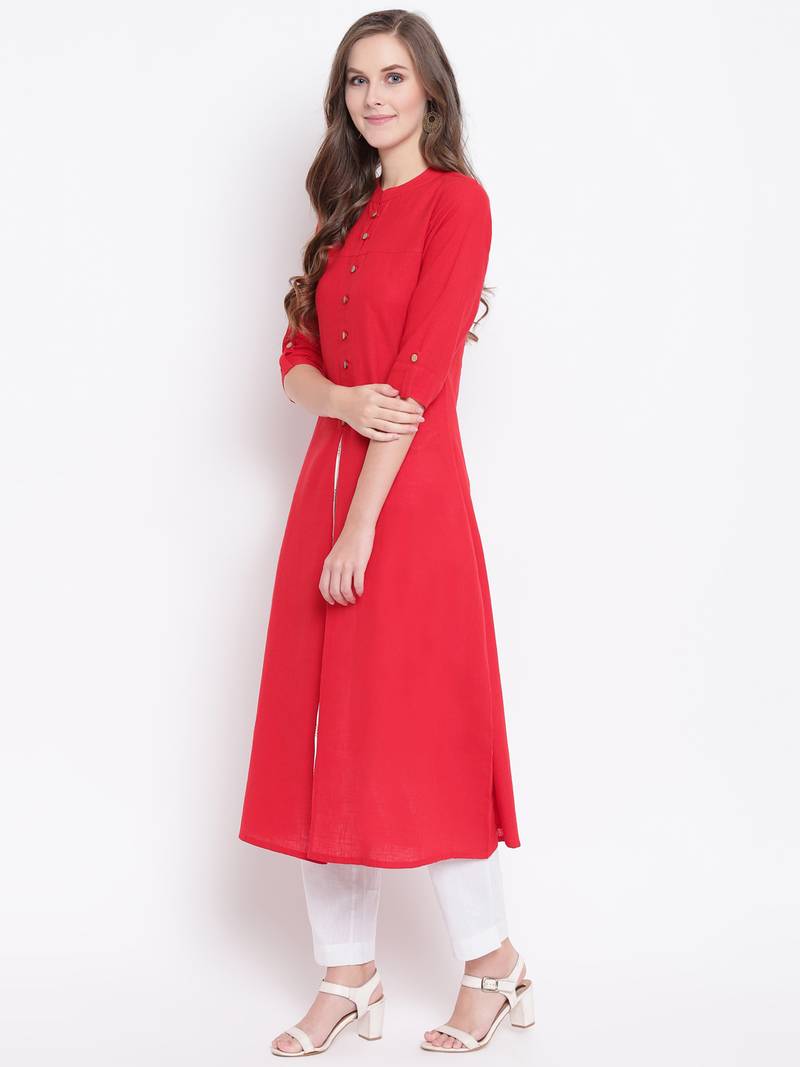 Red Gold Print Cotton Slub A-Line Kurta