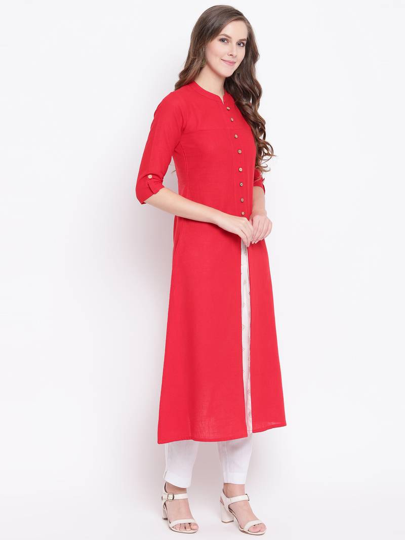 Red Gold Print Cotton Slub A-Line Kurta