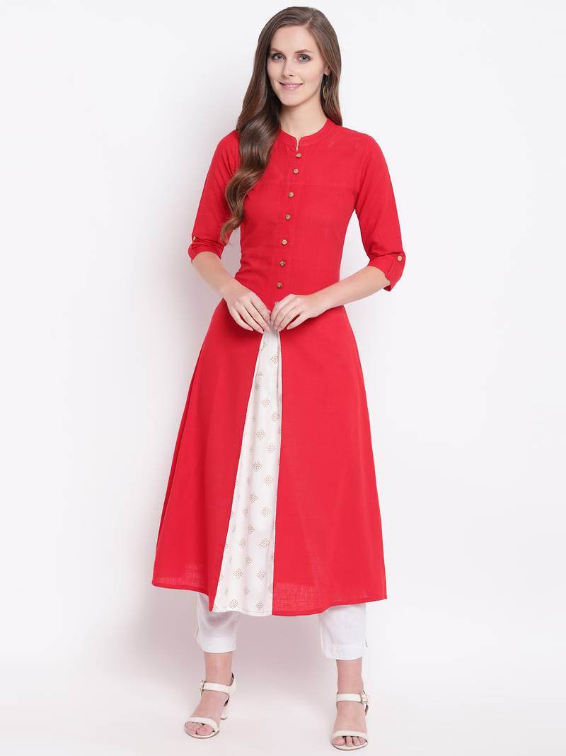 Red Gold Print Cotton Slub A-Line Kurta