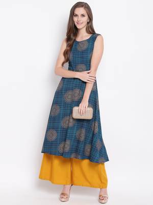 Navy Blue Gold Print Rayon Sleeveless Kurta 1