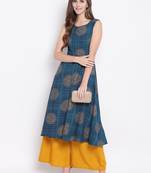 Navy Blue Gold Print Rayon Sleeveless Kurta
