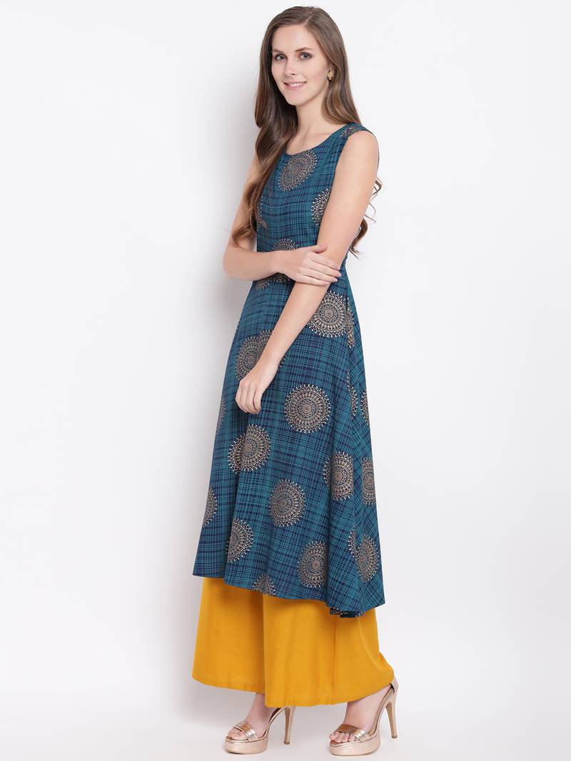 Navy Blue Gold Print Rayon Sleeveless Kurta