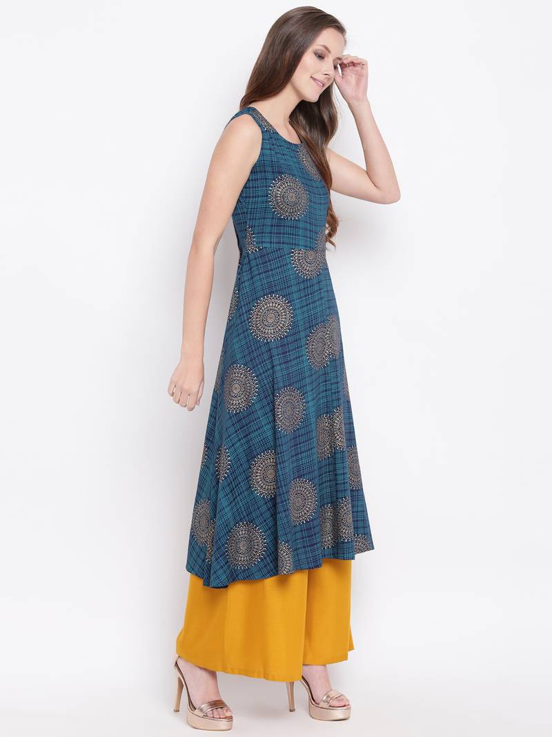 Navy Blue Gold Print Rayon Sleeveless Kurta