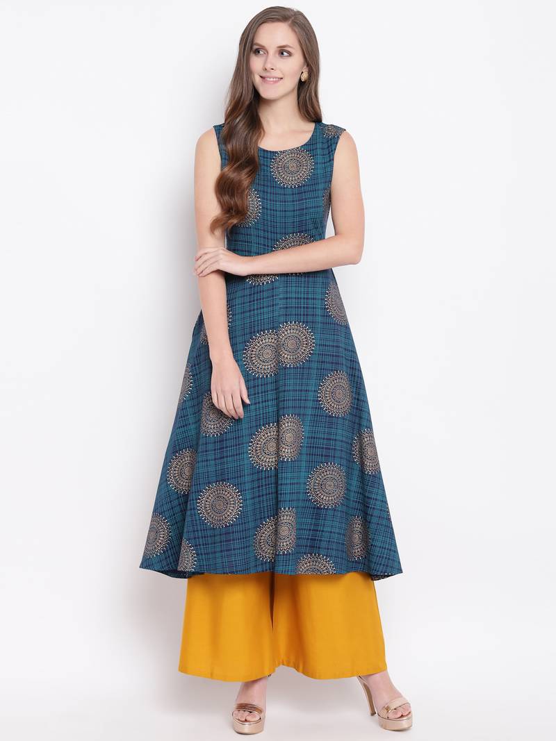 Navy Blue Gold Print Rayon Sleeveless Kurta