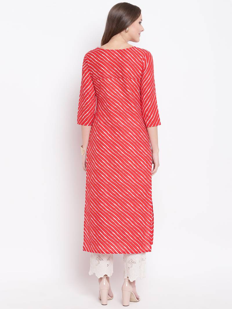 Red Lehariya Print Gota Patti Cotton Straight Kurta