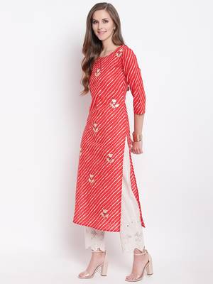 Red Lehariya Print Gota Patti Cotton Straight Kurta 3