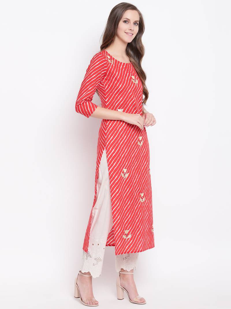 Red Lehariya Print Gota Patti Cotton Straight Kurta