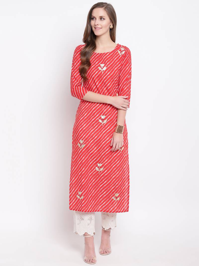 Red Lehariya Print Gota Patti Cotton Straight Kurta
