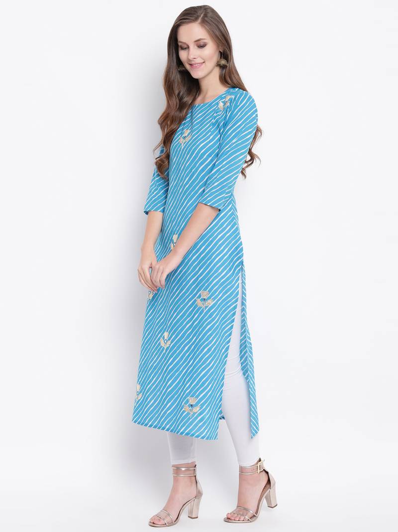 Sky Lehariya Print Gota Patti Cotton Straight Kurta