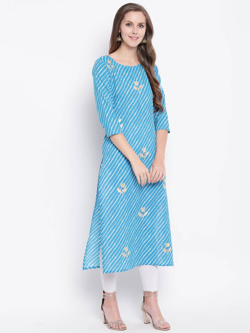 Sky Lehariya Print Gota Patti Cotton Straight Kurta