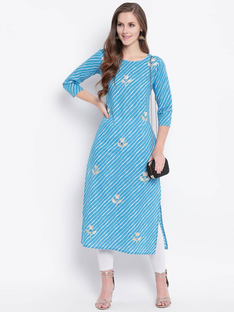 Sky Lehariya Print Gota Patti Cotton Straight Kurta
