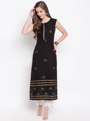 Black Hand Block Printed Rayon Sleeveless Kurta 1