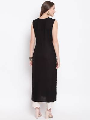 Black Hand Block Printed Rayon Sleeveless Kurta 2