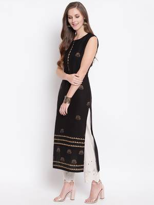 Black Hand Block Printed Rayon Sleeveless Kurta 3