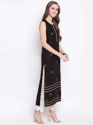 Black Hand Block Printed Rayon Sleeveless Kurta 4