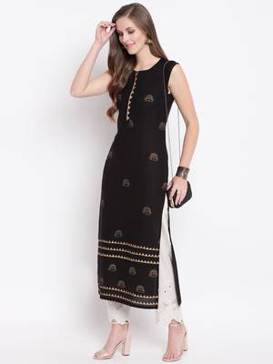 Black Hand Block Printed Rayon Sleeveless Kurta 5