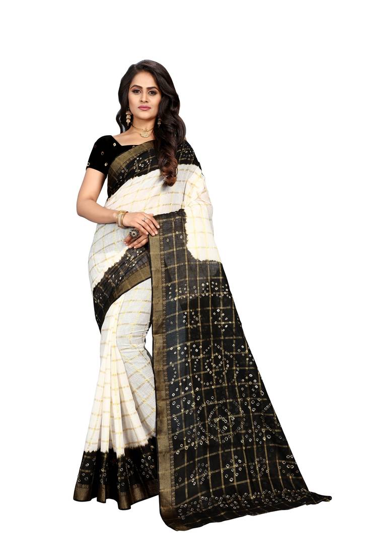 black and white BANDHANI ART SILK SAREE WITH BLOUSE PIECE 