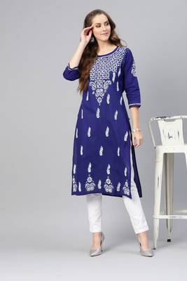 Royal-blue embroidered cotton chikankari-kurtis 2