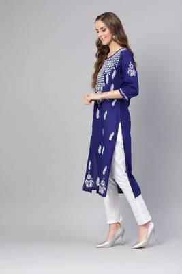 Royal-blue embroidered cotton chikankari-kurtis 4