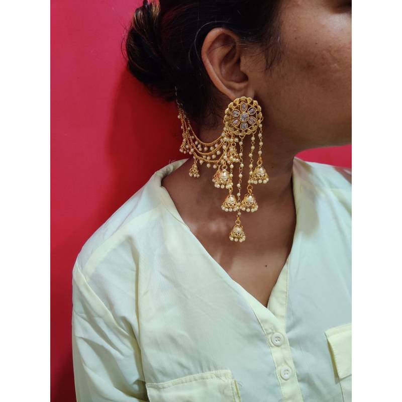 Rajwada Pearls Long Chain Jhumka Jhumki Bahubali Earrings With Hair Chain for Women and Girls Traditional Jewellery 