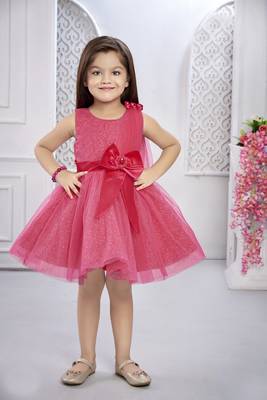 pink woven net kids frocks 1