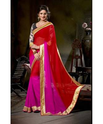 red embroidered georgette saree with blouse 1
