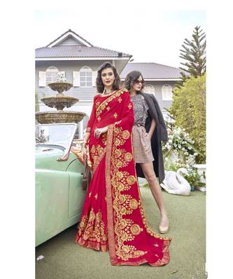 red embroidered georgette saree with blouse 1
