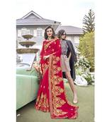 red embroidered georgette saree with blouse