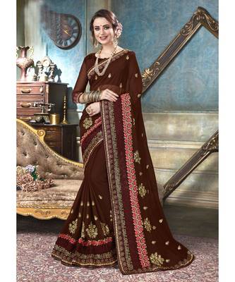 brown  embroidered georgette saree with blouse 1