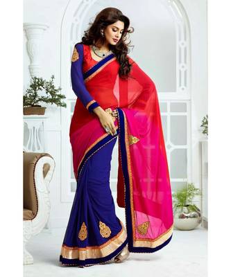 red Embroidered georgette saree with blouse 1