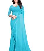 Dark turquoise plain georgette saree with blouse