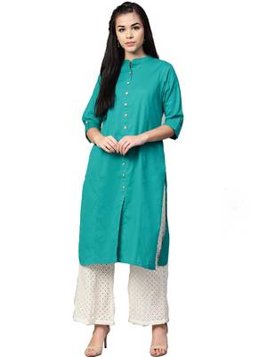 Teal plain cotton kurtas-and-kurtis 1