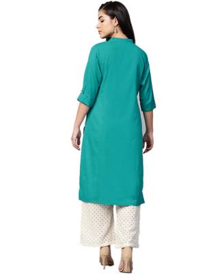 Teal plain cotton kurtas-and-kurtis 2