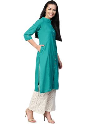 Teal plain cotton kurtas-and-kurtis 3